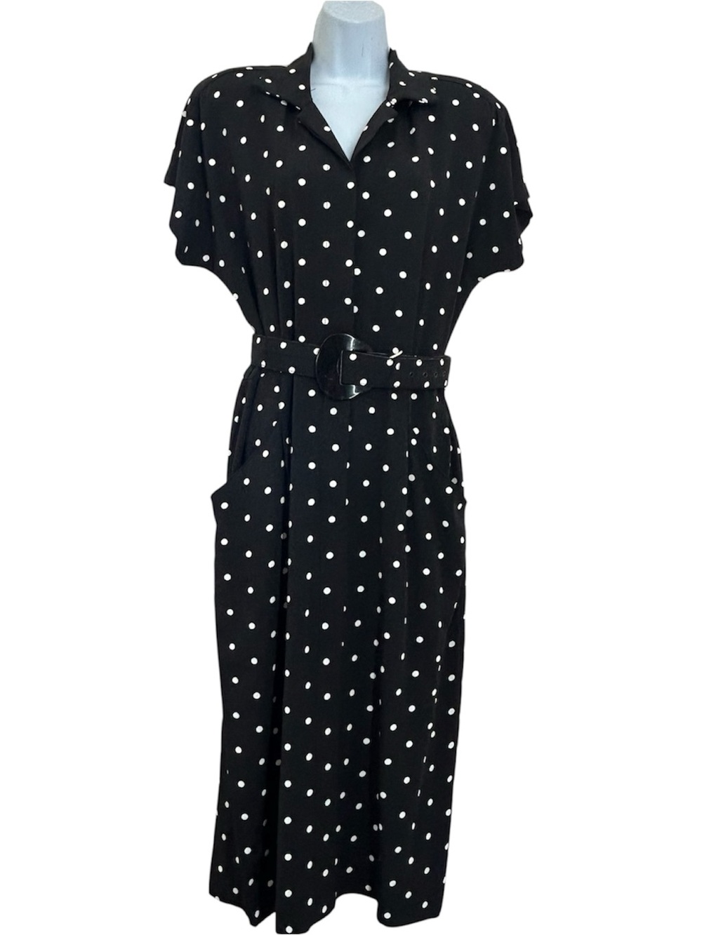 Katie Vintage 80s Black Polka Dot Shirt Dress Belted M Retro Pin-up
